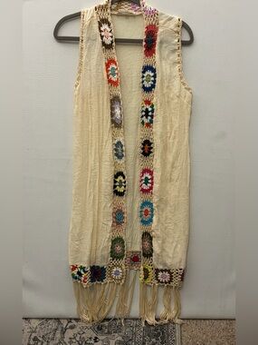 KONTROL Cream Crochet Fringe Vest with Multicolor Trim Small